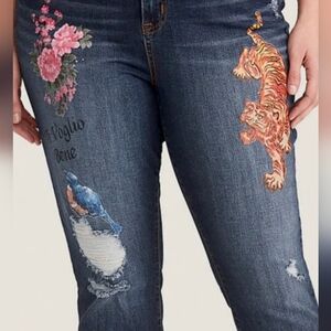 Torrid Floral And Tiger Painted Blue Jeans